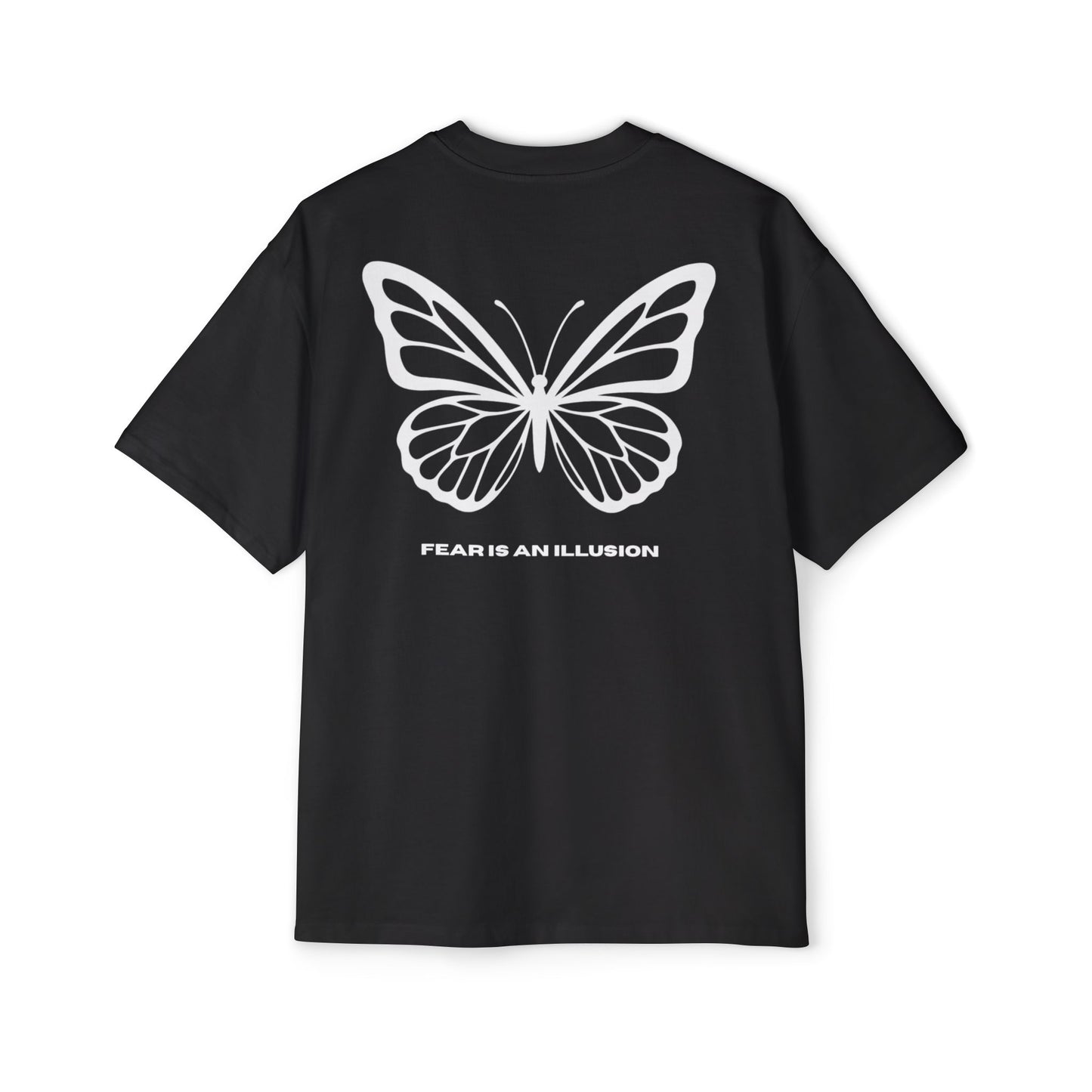 Black t-shirt with a white butterfly design and text on a white background