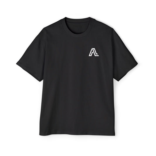 Black t-shirt with a white logo on a white background