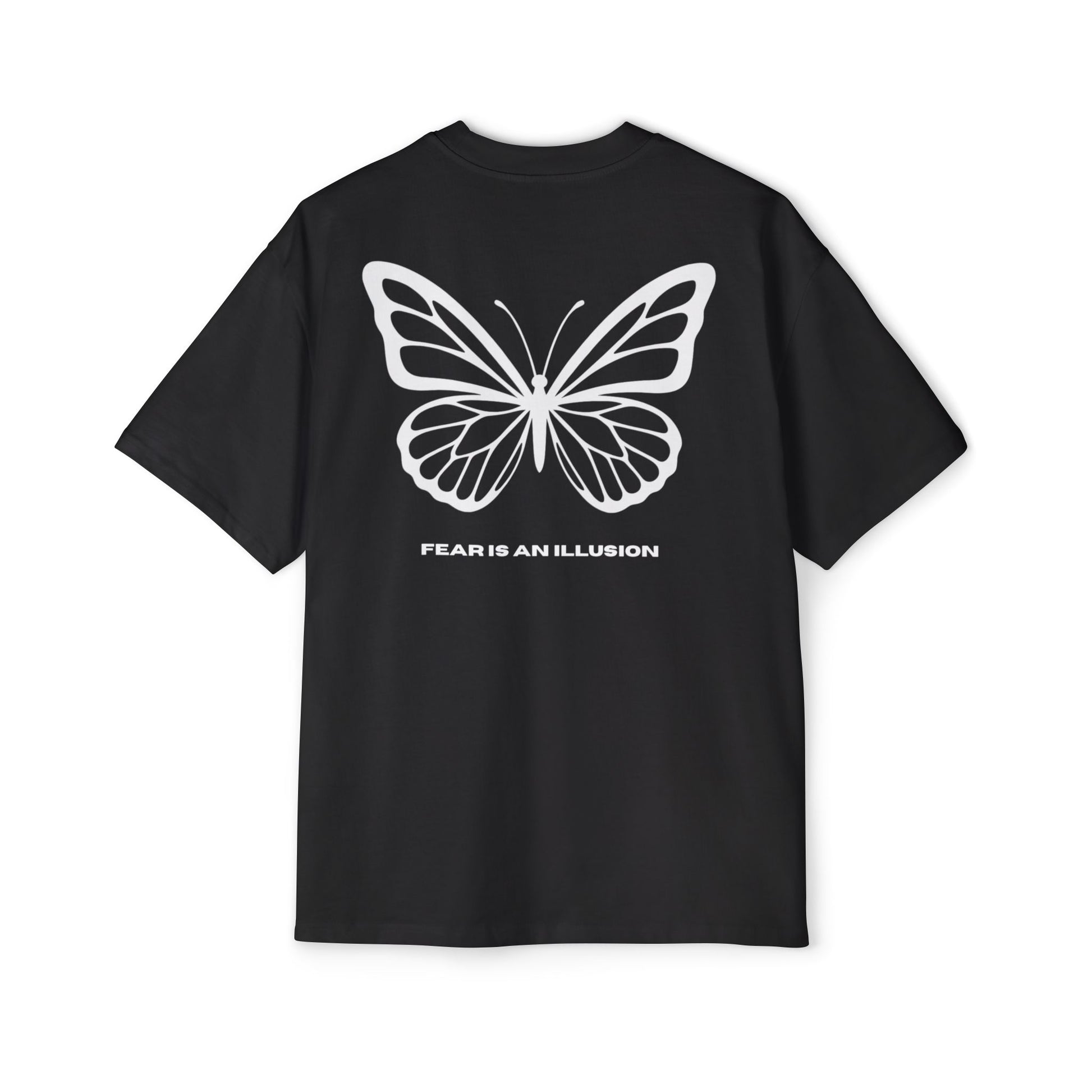 Black t-shirt with a white butterfly design and text on a white background