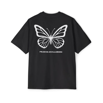 Black t-shirt with a white butterfly design and text on a white background