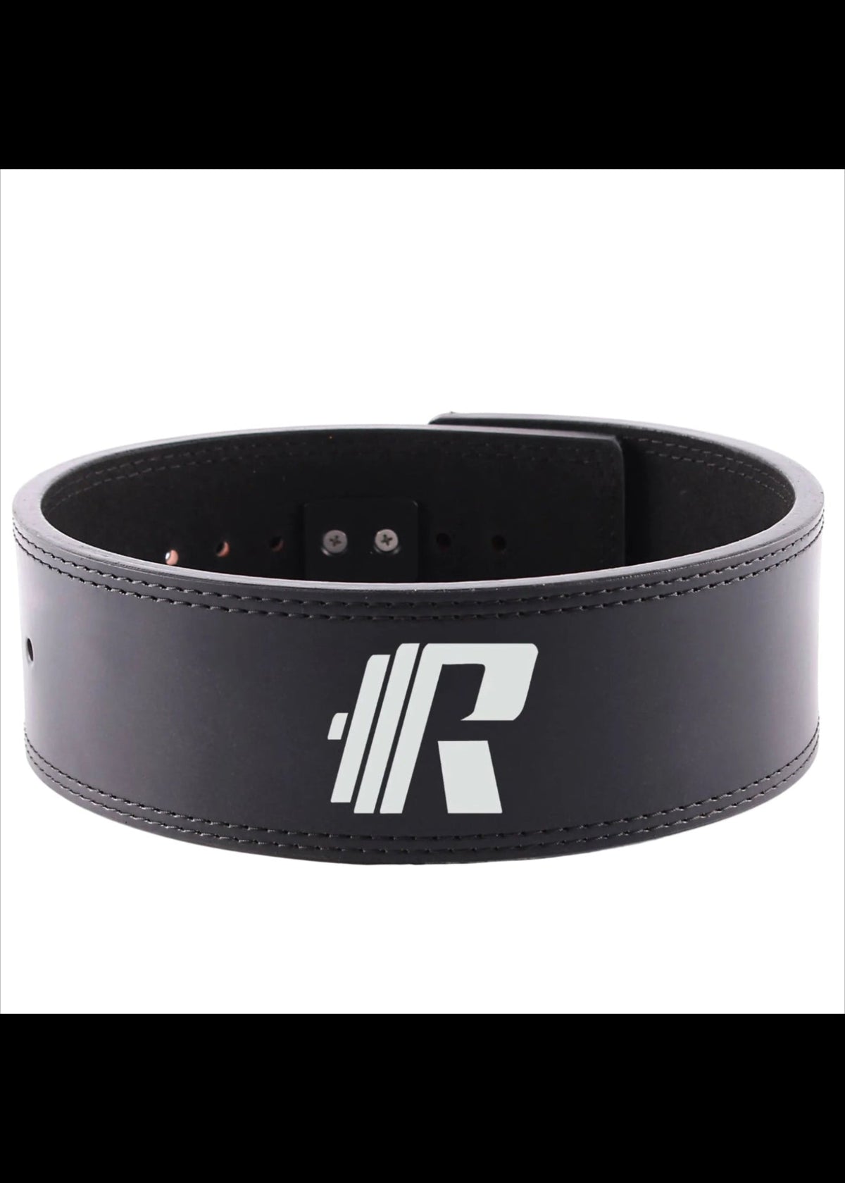 A black leather deadlift belt with a white stylized 'R' logo featuring a barbell design, shown on a plain white background.
