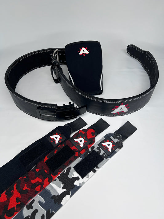 Black belt with red and white logo and camouflage-patterned straps on a light gray background